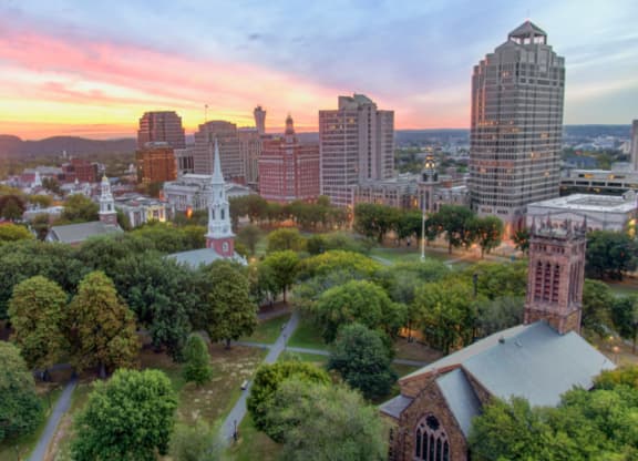 an aerial view of the city at sunset at The Audubon New Haven, Connecticut