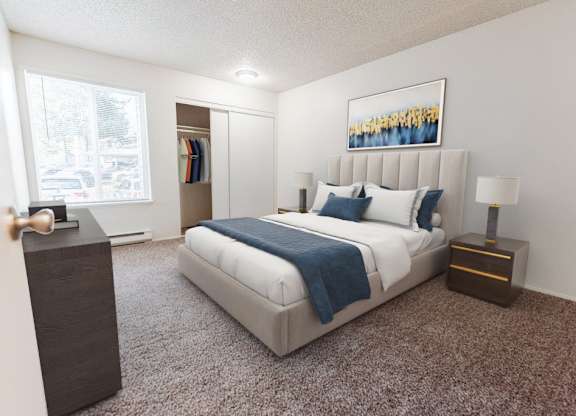 A bedroom with a large bed, a nightstand, and a dresser.
