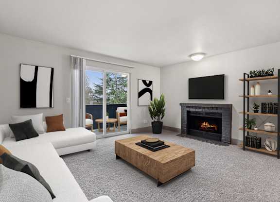 A modern living room with a fireplace and a flat screen TV.