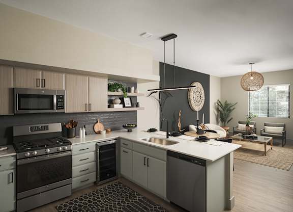 A modern kitchen with a large island and a dining area.
