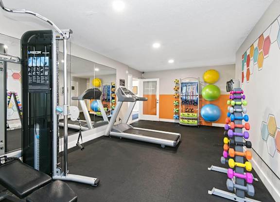 A gym with a variety of equipment including a treadmill, weights, and a bench press. at Brookstone, Washington, 98198