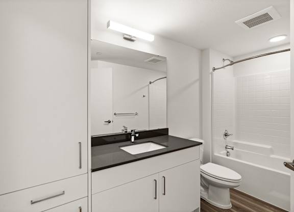 a bathroom with a sink and a toilet and a shower at Baldwyn, Seattle Washington