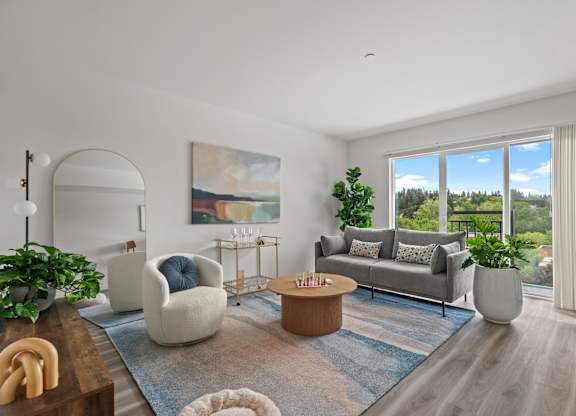 a living room with couches and chairs and a table at Baldwyn, Seattle, 98125