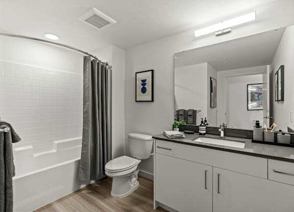 a bathroom with a shower toilet and sink and a mirror at Baldwyn, Seattle Washington