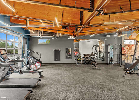 A gym with treadmills, exercise bikes, and other equipment.