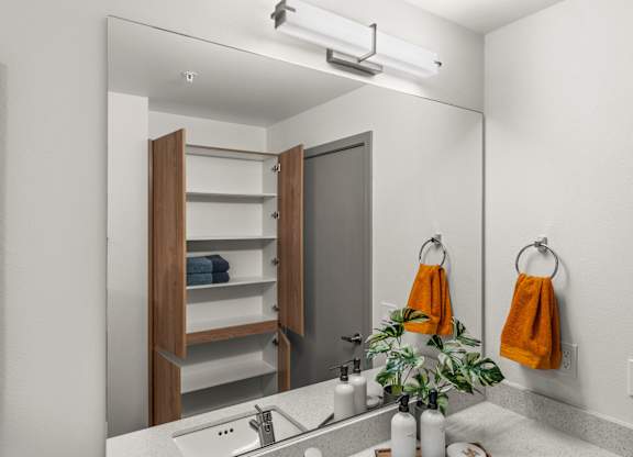 a bathroom with a sink and a mirror and a closet at Gage On Sixth, Tacoma, WA 98406