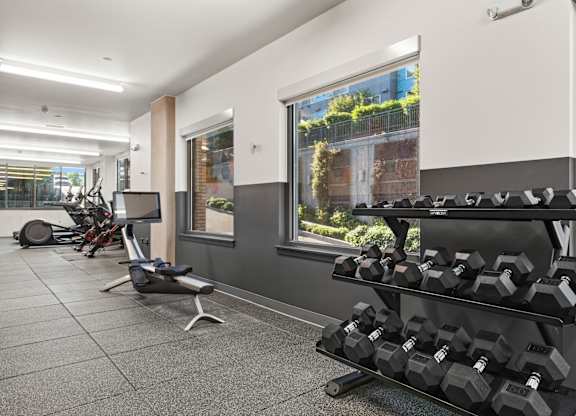 a gym with weights and a window in a building at Baldwyn, Washington