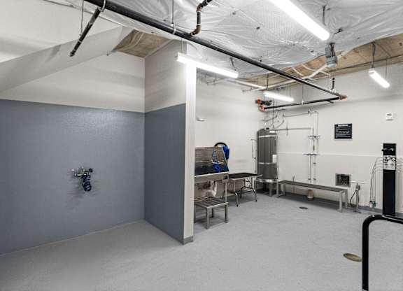 a large room with a gray wall and a surgery room in the back at Baldwyn, Seattle, 98125