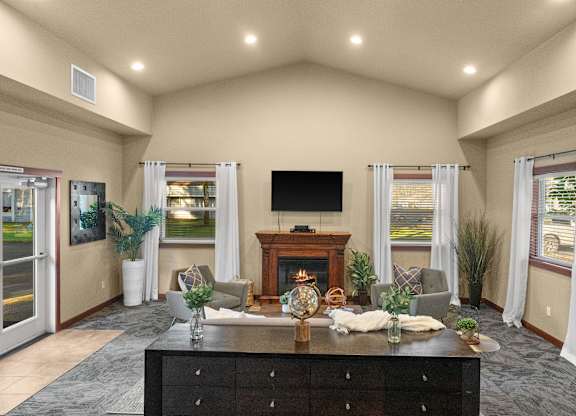 A living room with a fireplace and a television.