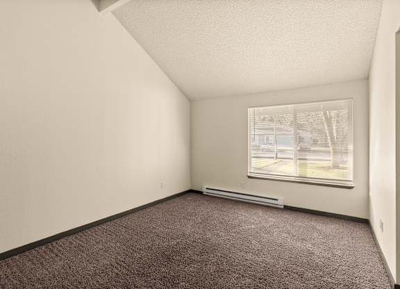 Empty room with carpeted floor and a window showing an outdoor view.