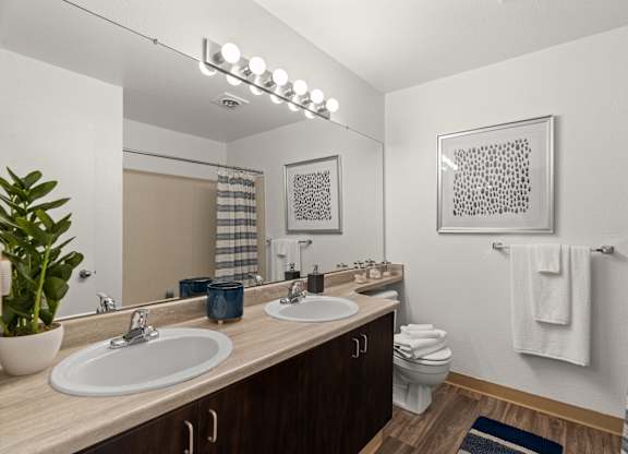 A bathroom with two sinks and a toilet.