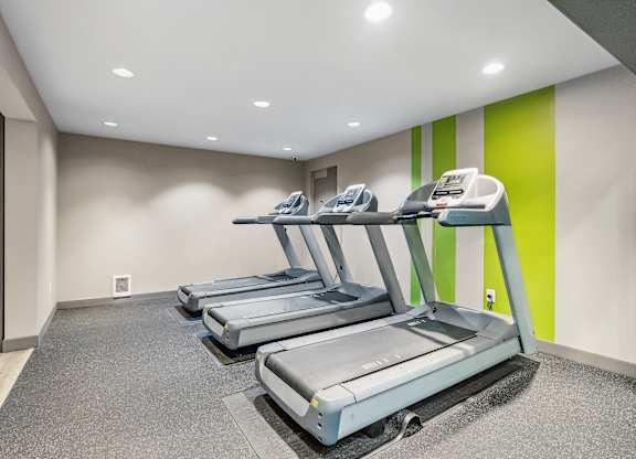 A row of treadmills are lined up in a gym.