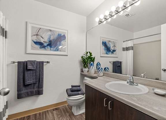 A bathroom with a toilet, sink, mirror, and a plant.
