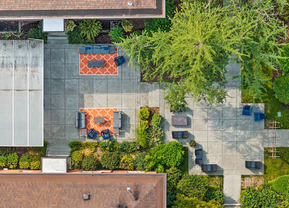 A patio with a couch and chairs surrounded by green plants.