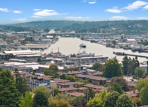 A view of a city with a river running through it.