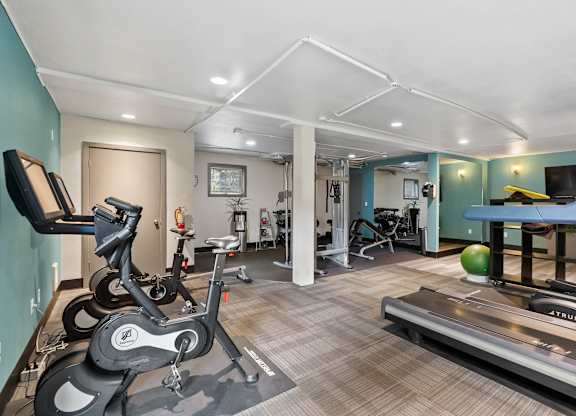 A room with a treadmill, exercise bike, and other workout equipment.
