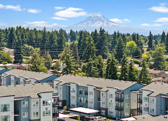 A large group of houses are in the foreground with a mountain in the background.