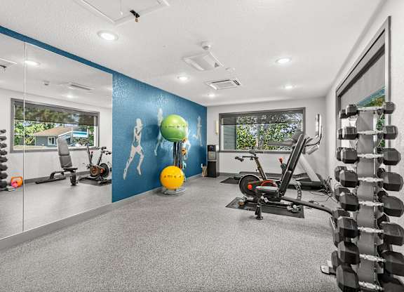 A gym with a blue wall and a variety of exercise equipment.