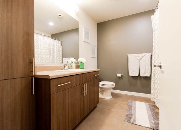 A bathroom with a toilet, sink, and towel rack. at The Platform, Washington, 98032