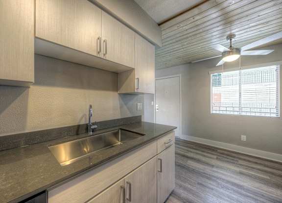 A kitchen with a sink and a fan.