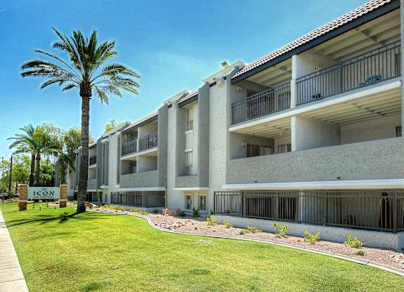 A modern apartment building with balconies and palm trees in the foreground.