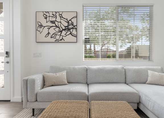 A grey couch with a brown rug in front of it.