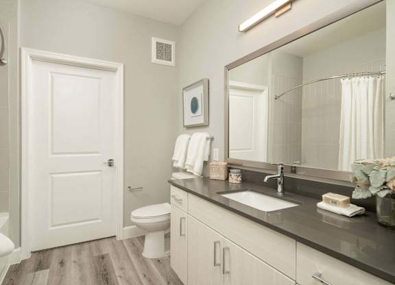 A bathroom with a toilet, sink, and mirror.