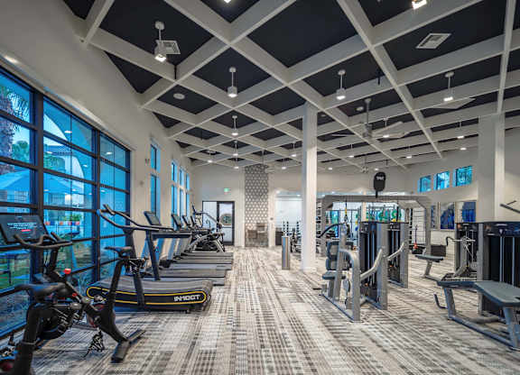 A gym with treadmills, weights, and exercise equipment.