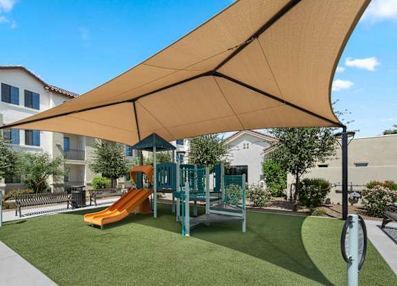 A playground with a slide and a canopy.
