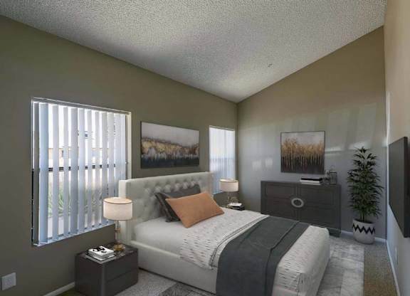A bedroom with a large bed, a nightstand, and a plant.