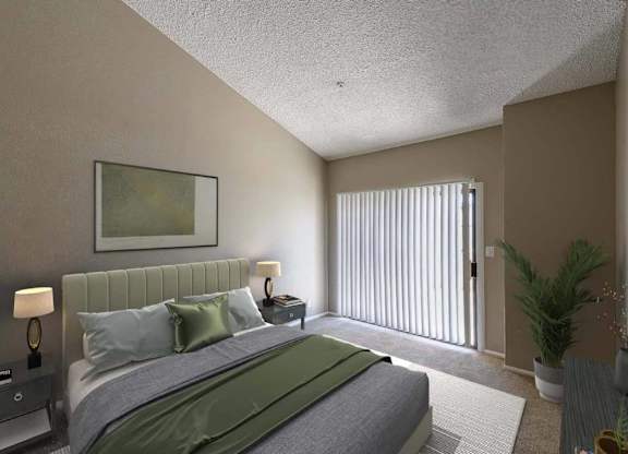 A bedroom with a bed, nightstand, and a painting on the wall.