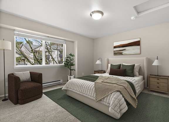 A bedroom with a large bed, a chair, and a window with a view of trees.