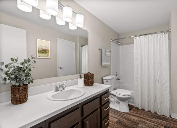 A bathroom with a white sink, toilet, and shower curtain.