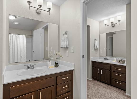 A bathroom with a sink, mirror, and cabinets.