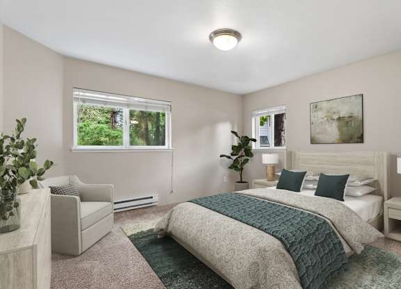 A bedroom with a large bed and a chair.