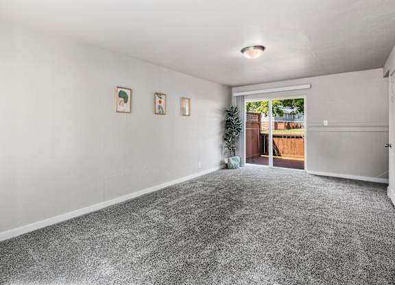 A room with grey carpet and three pictures on the wall.