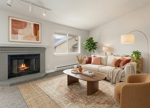 A living room with a fireplace and a couch.