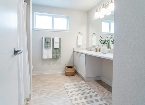 A bathroom with a white door, a window, a sink, and a rug.