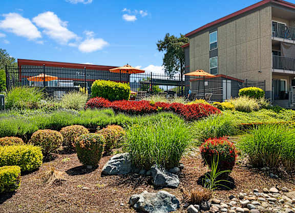 A landscaped garden in front of a building.