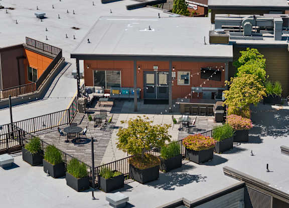 A rooftop patio with a table and chairs surrounded by potted plants.