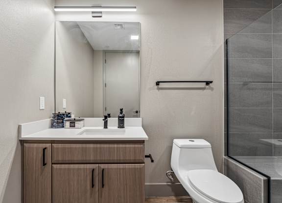A modern bathroom with a toilet, sink, and mirror.
