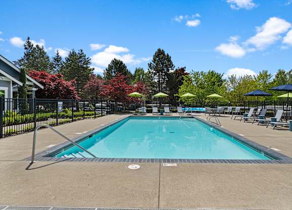 A large swimming pool surrounded by trees and lounge chairs.
