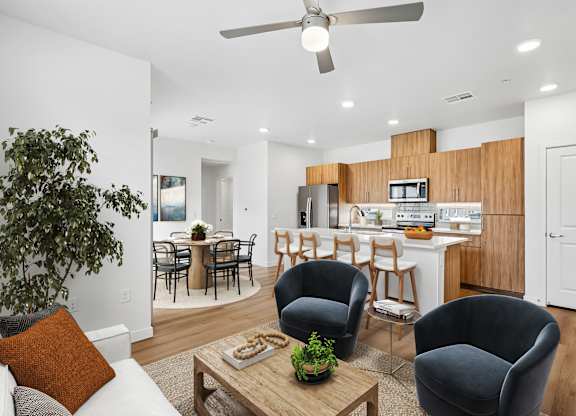 A living room with a dining area and kitchen in the background.