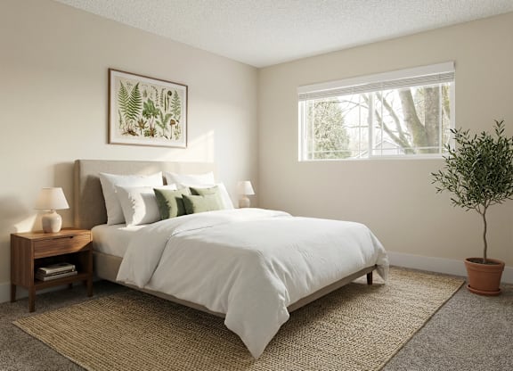 A bedroom with a large bed and a potted plant.
