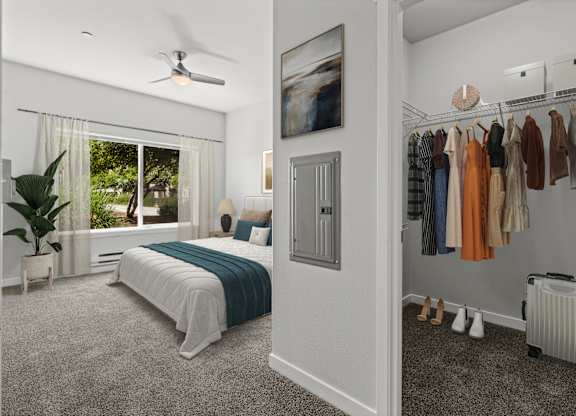 A bedroom with a bed, a window with a view, a closet with clothes, and a ceiling fan.