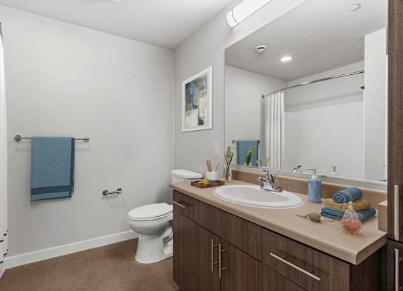 A bathroom with a toilet, sink, and shower.