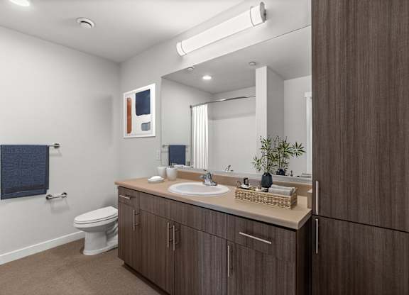 A bathroom with a toilet, sink, and mirror.