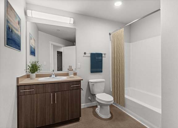 A bathroom with a toilet, sink, and mirror.