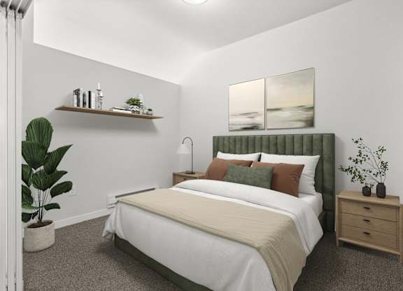 A bedroom with a bed, nightstand, and a plant.