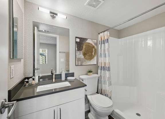 A bathroom with a toilet, sink, and mirror.